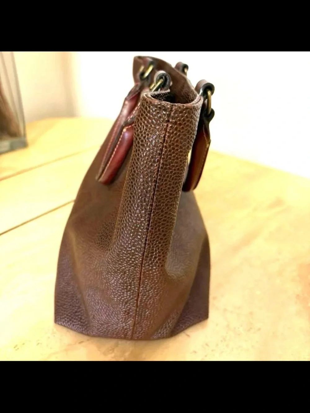 Mulberry Brown Pebbled Leather Tote with Dark Brown Trim